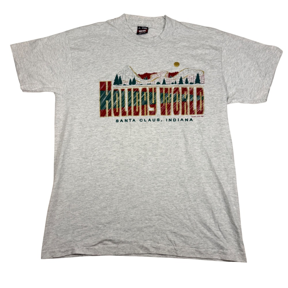 Vintage 1995 Holiday World Santa Claus Indiana T-Shirt Mens Large Grey 90s USA